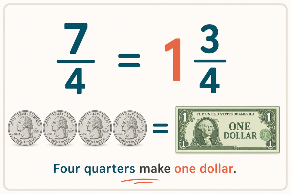 Visual summary: seven fourths equals one and three quarters, and four quarter coins equal one dollar.