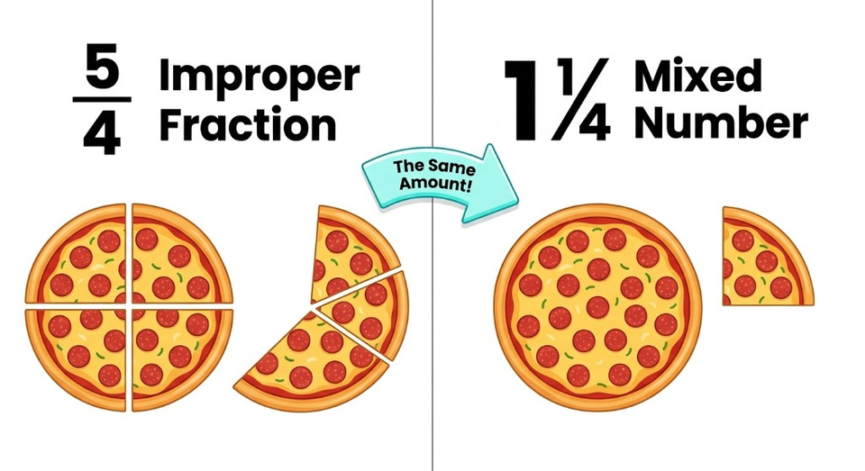 Infographic explaining the pizza method for converting improper fractions to mixed numbers